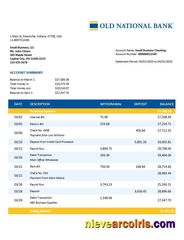 Old National Bank organization account statement